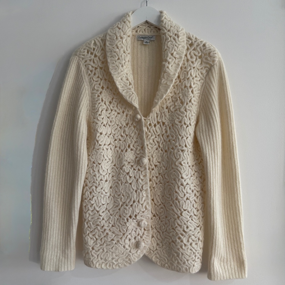 Vtg Crochet Fisherman Coldwater Creek Wool Knit Cardigan Sweater Cottagecore Med - Picture 4 of 12